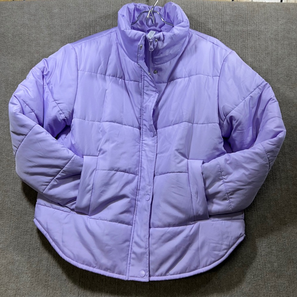 Zella Puffer Jacket Lavender Purple Stand Collar Full Zip Pockets Size L